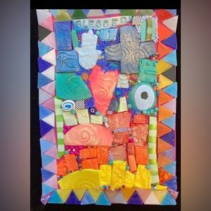 Handmade Clay/Glass Mosaic Art “Blessed “Polymer Clay Original On Wood